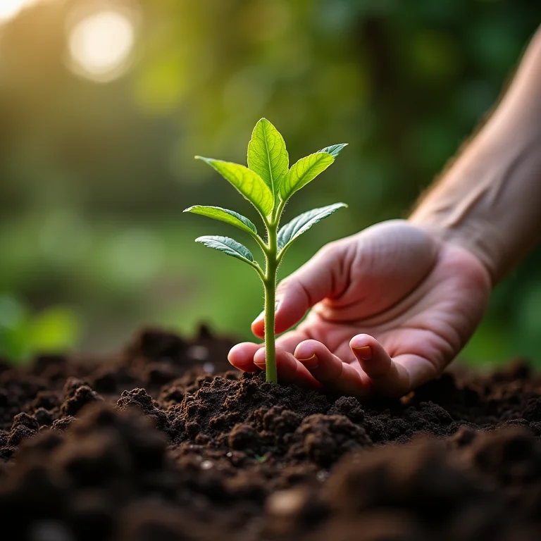 Mãos plantando uma muda de arruda em um jardim ensolarado.
