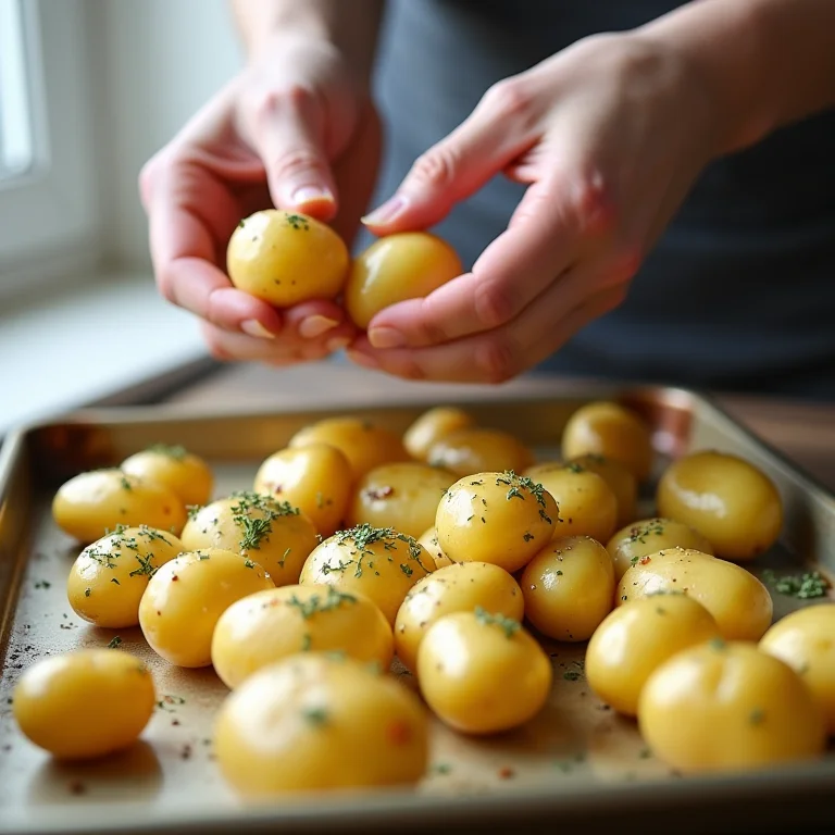 Mãos preparando batatas com tomilho, azeite e sal em uma assadeira.