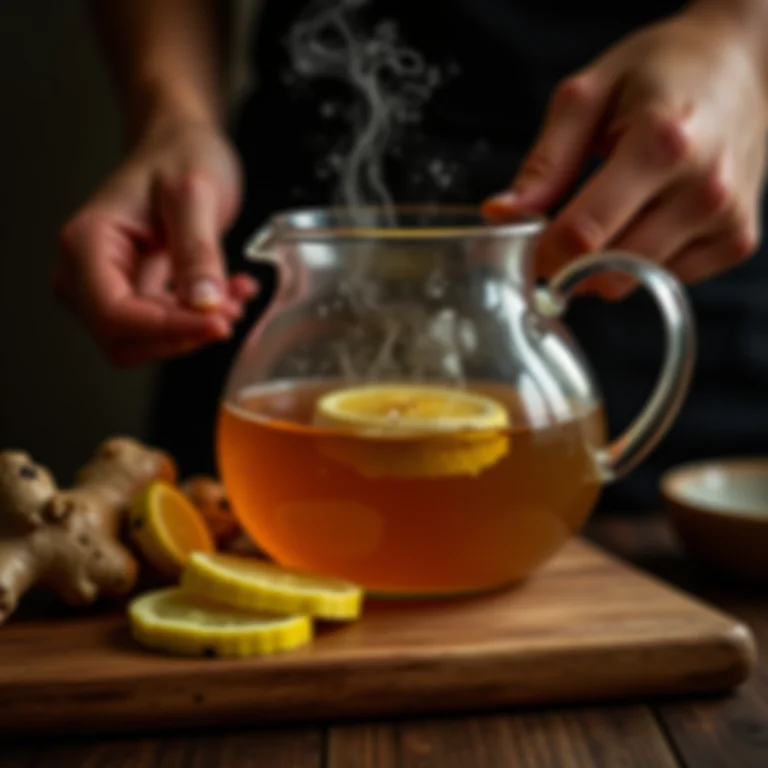 Mãos preparando chá de gengibre com fatias frescas em bule de vidro