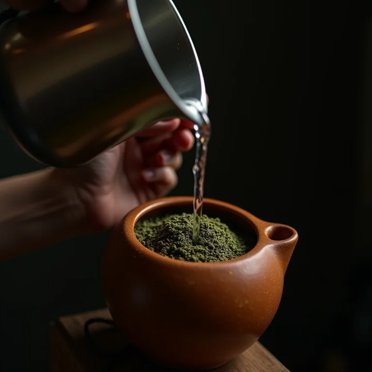 Mãos preparando cuidadosamente um chimarrão.