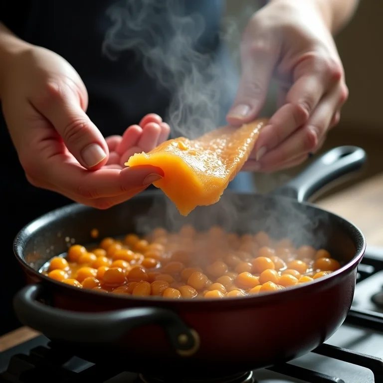 Mãos preparando grão de bico com bacalhau em fogão