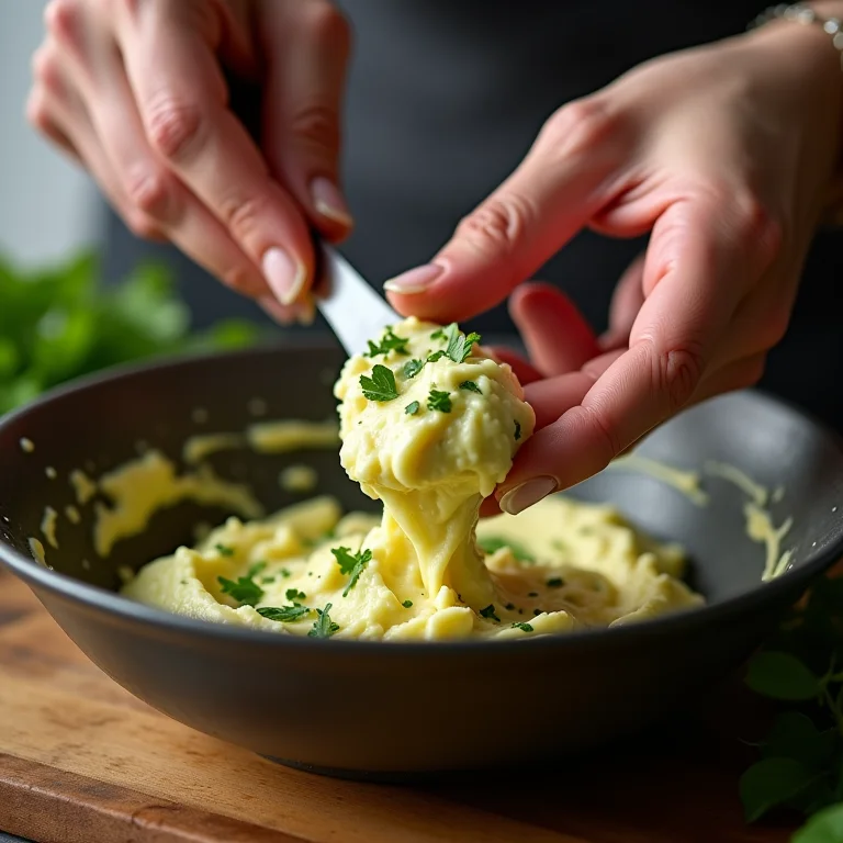 Mãos preparando manteiga de ervas em uma tigela.