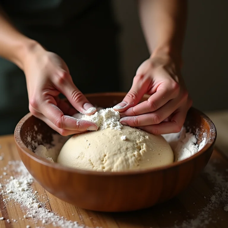 Mãos preparando massa com farinha de trigo sarraceno