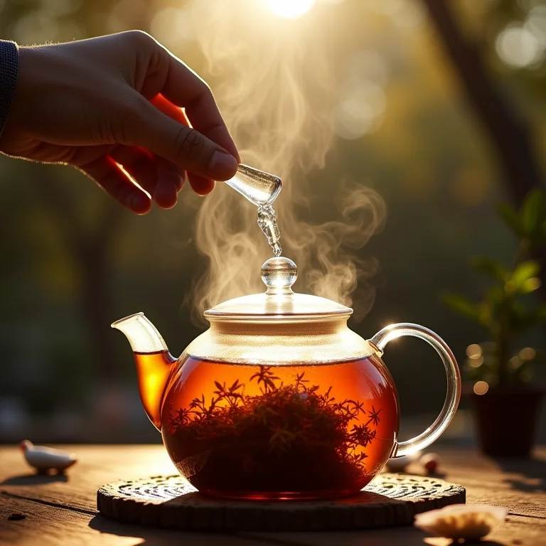 Mãos preparando o chá de Quebra Pedra.