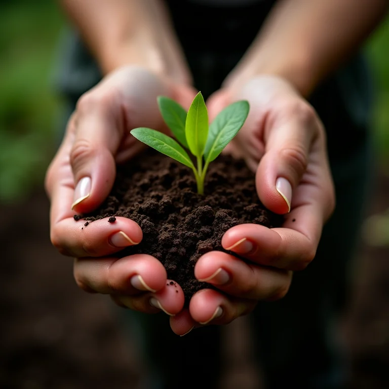 Mãos preparando solo para plantio de arruda