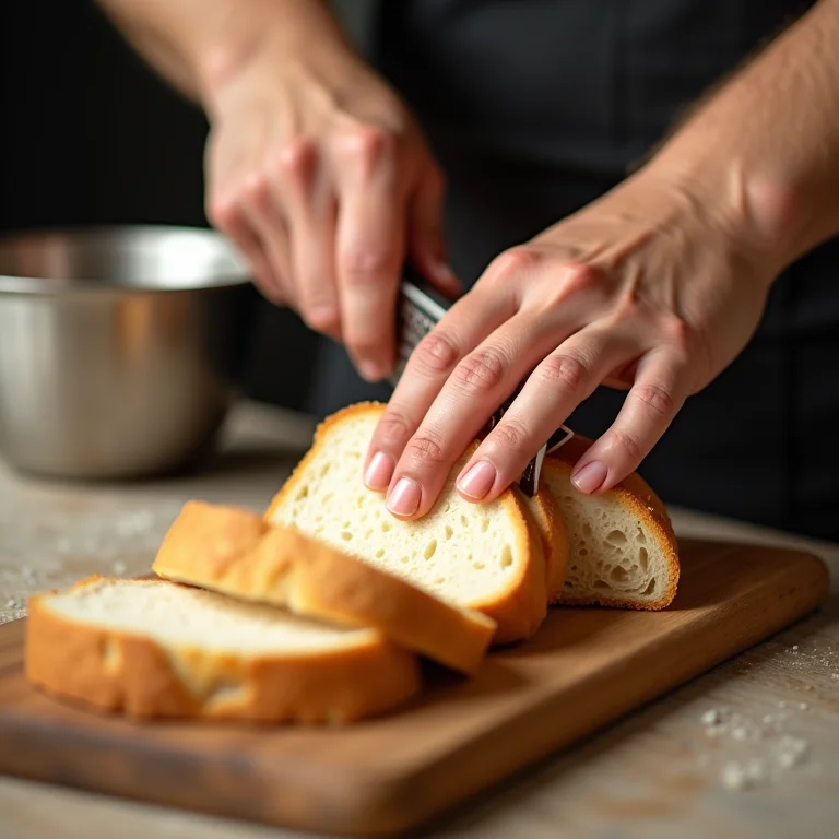 Mãos ralando pão para fazer farinha de rosca.