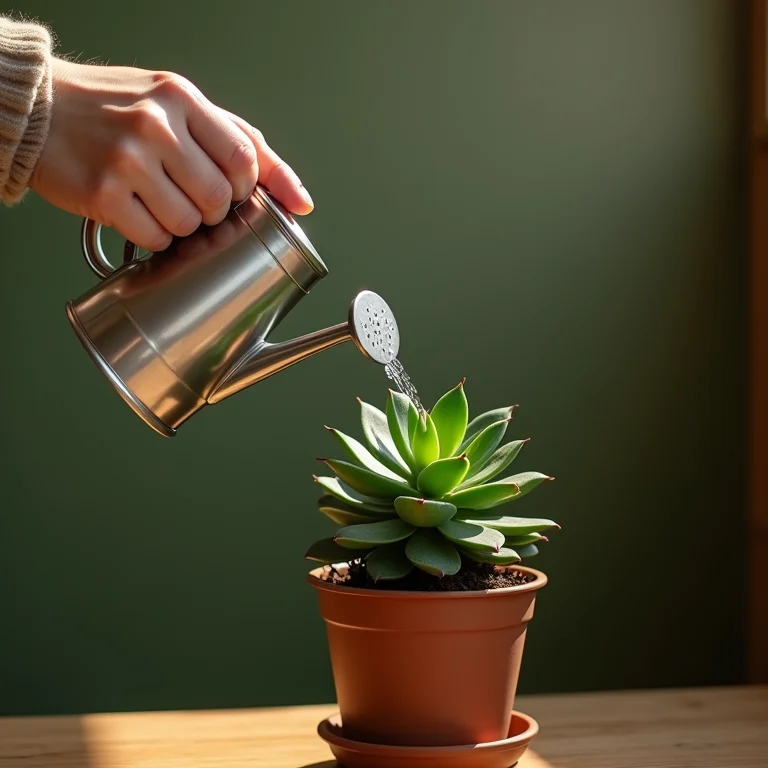 Mãos regando suculenta delicadamente com regador