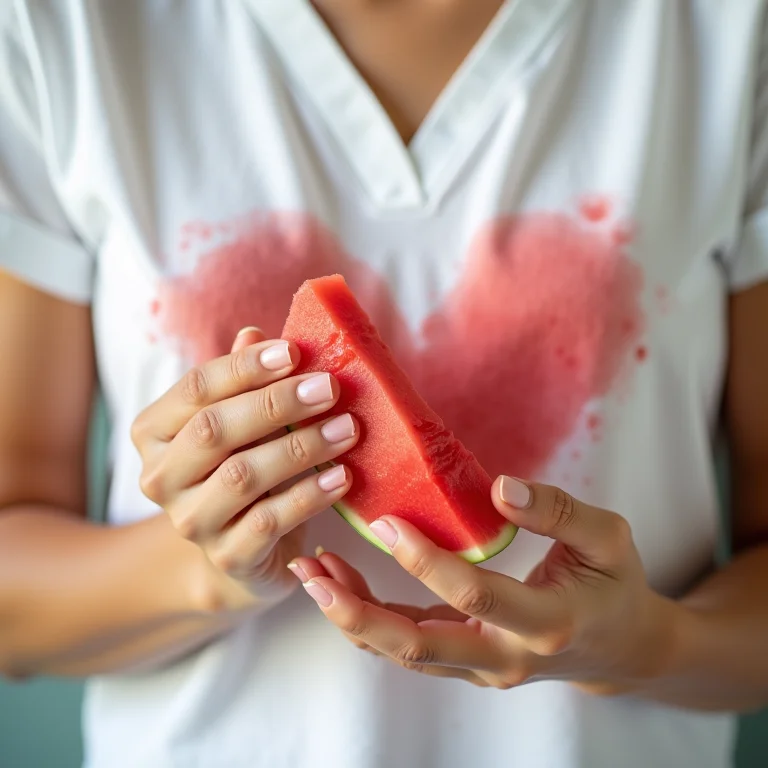 Mãos removendo mancha de melancia de roupa.