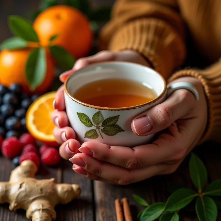 Mãos segurando chá de estévia com frutas e especiarias.