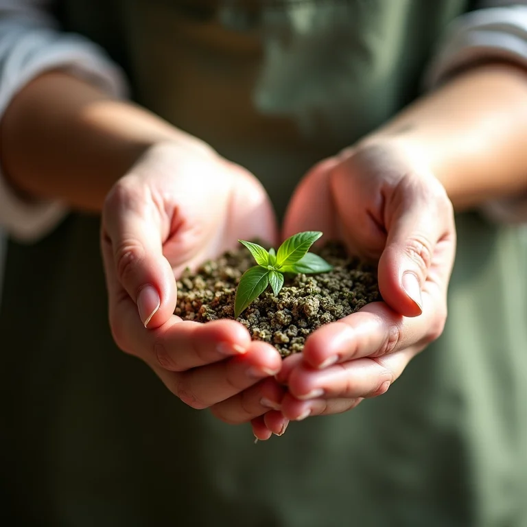 Mãos segurando ervas de origem sustentável.