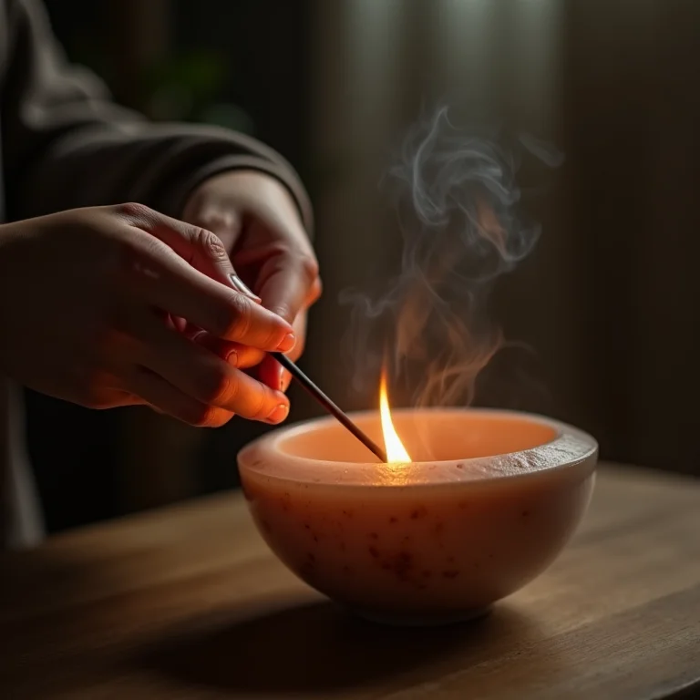 Mãos segurando incenso sobre um cristal