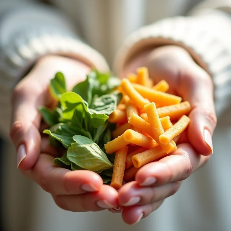 Mãos separando imagem de comida saudável e processada
