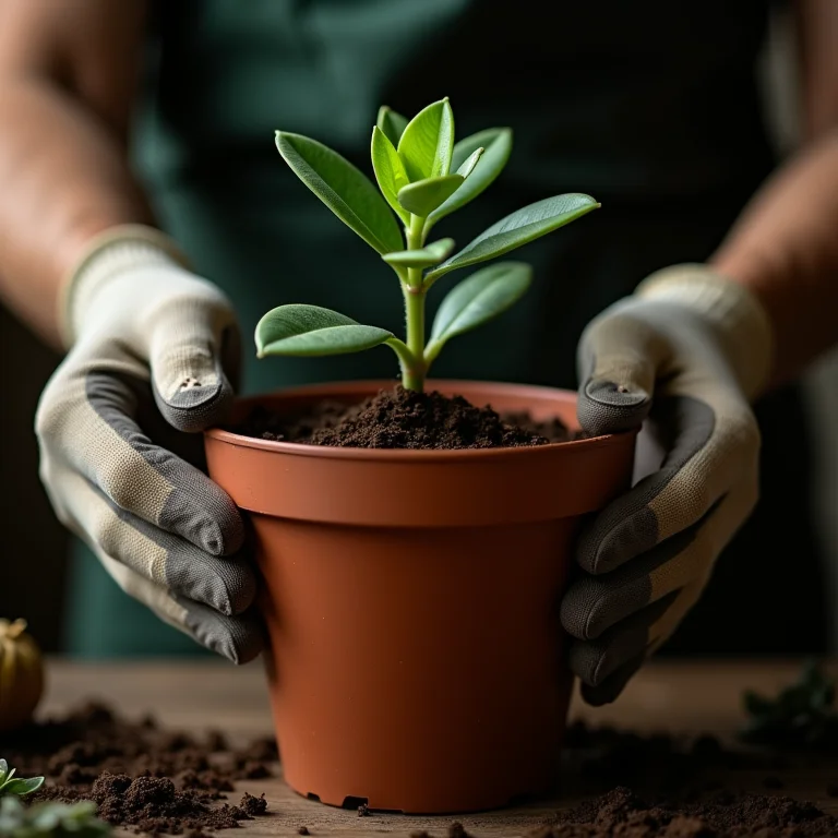 Mãos transplantando muda de arruda para um vaso maior.