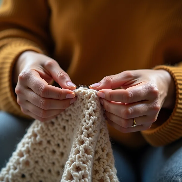 Mãos unindo peças de crochê com ponto baixíssimo