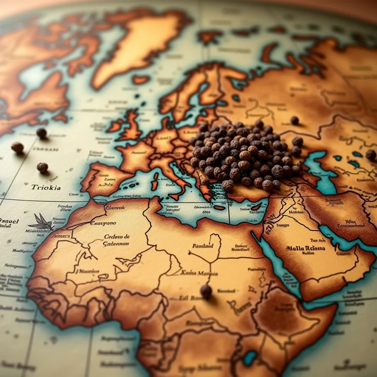 Mapa antigo das rotas comerciais de especiarias com grãos de pimenta