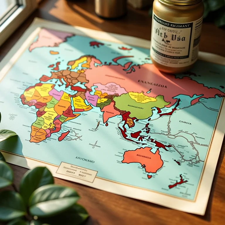 Mapa destacando regiões produtoras de chá e embalagens com informações de origem