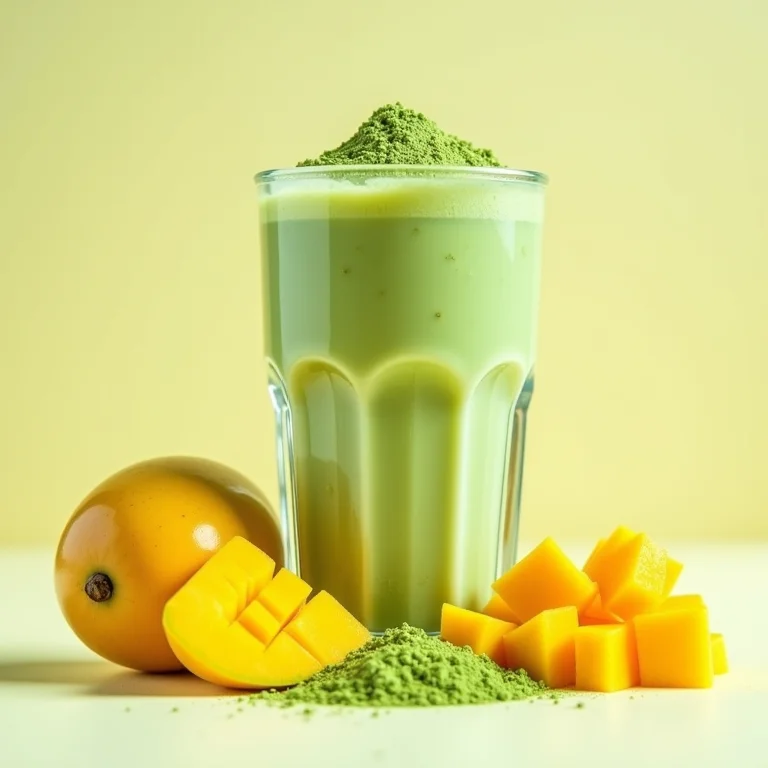 Matcha em pó e pedaços de manga madura prontos para milkshake de chá verde com manga.