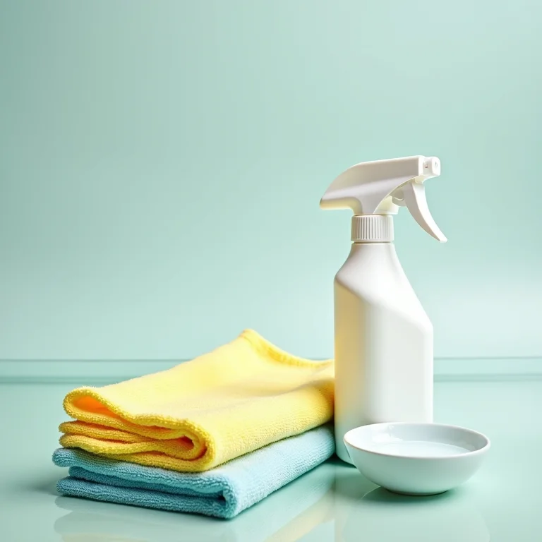 Materiais de limpeza organizados para limpar mesa de vidro.