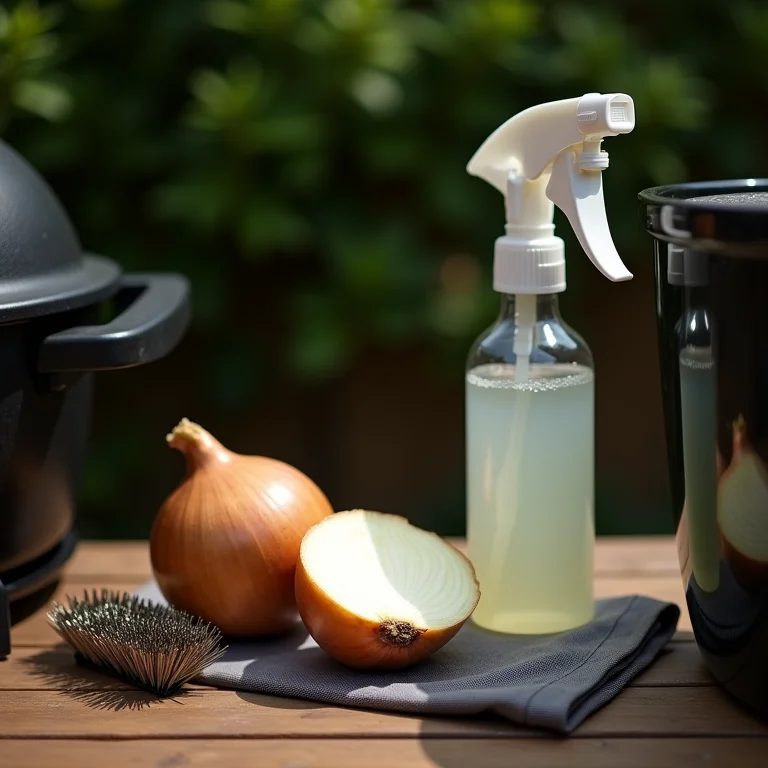 Materiais necessários para limpar a grelha com cebola: cebola, escova e spray