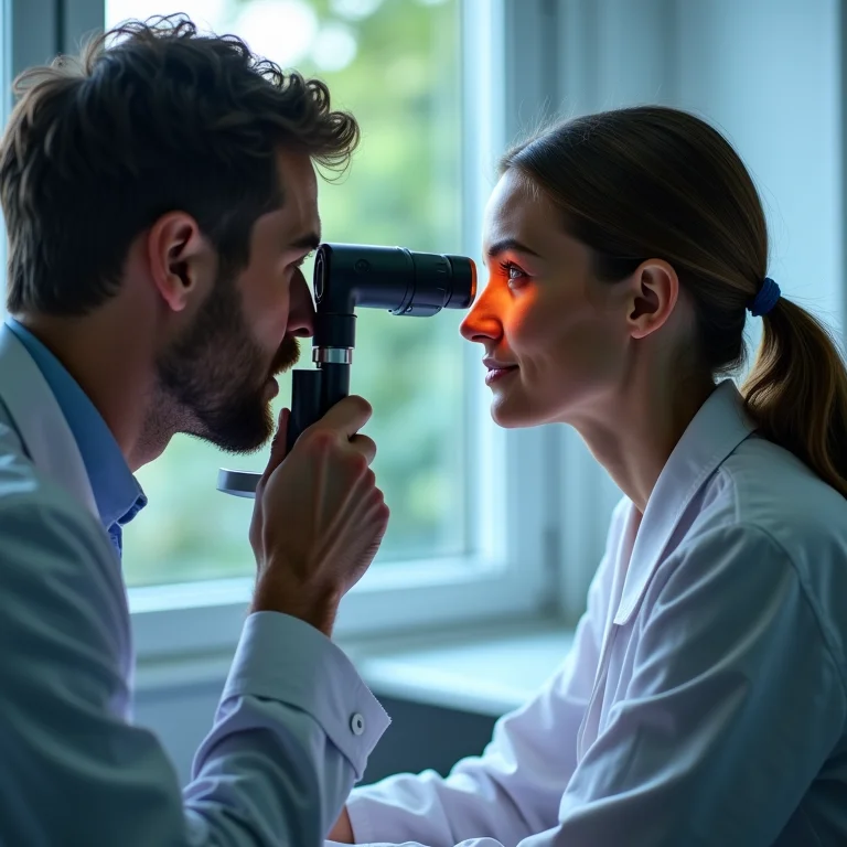 Médico examinando olho de paciente com equipamento