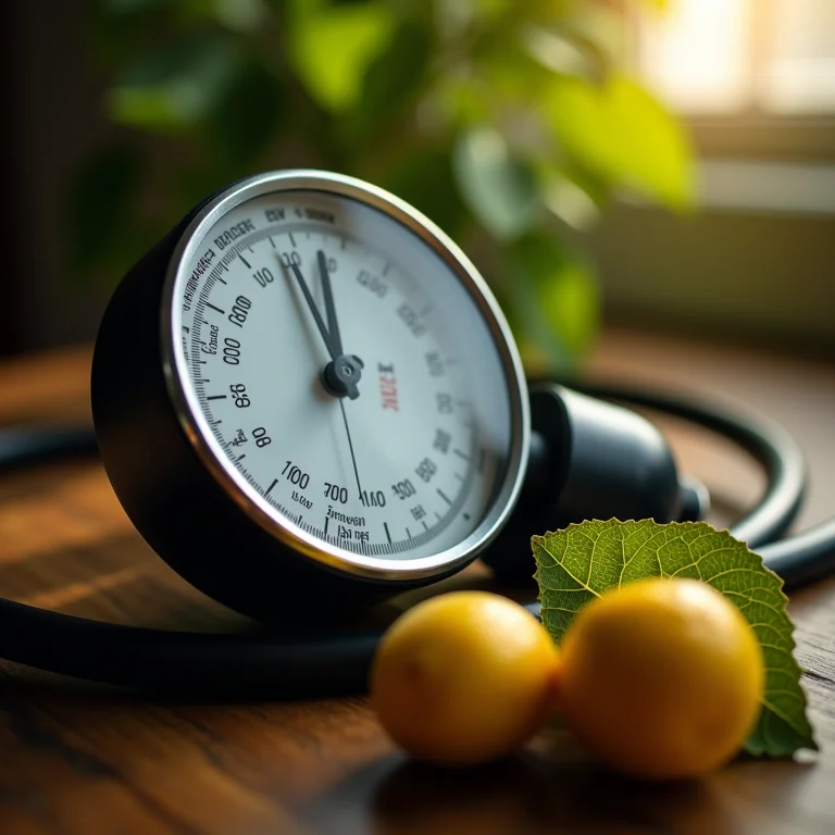 Medidor de pressão arterial indicando pressão baixa com folhas secas de erva cidreira.