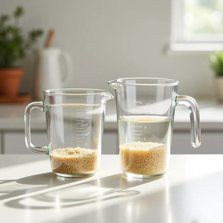 Medidores com quinoa e água lado a lado