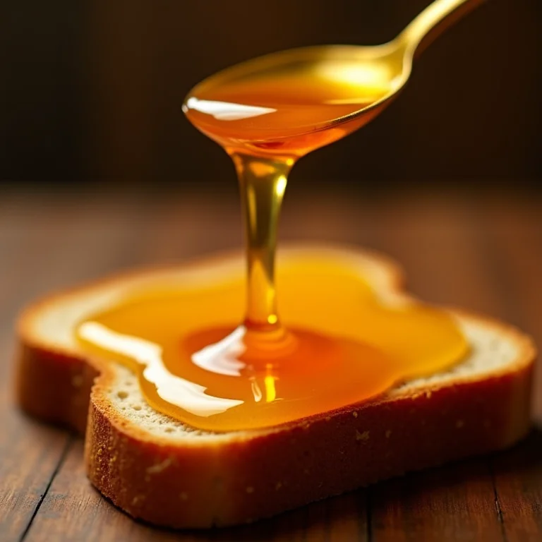 Mel escorrendo lentamente de uma colher sobre uma fatia de pão integral.