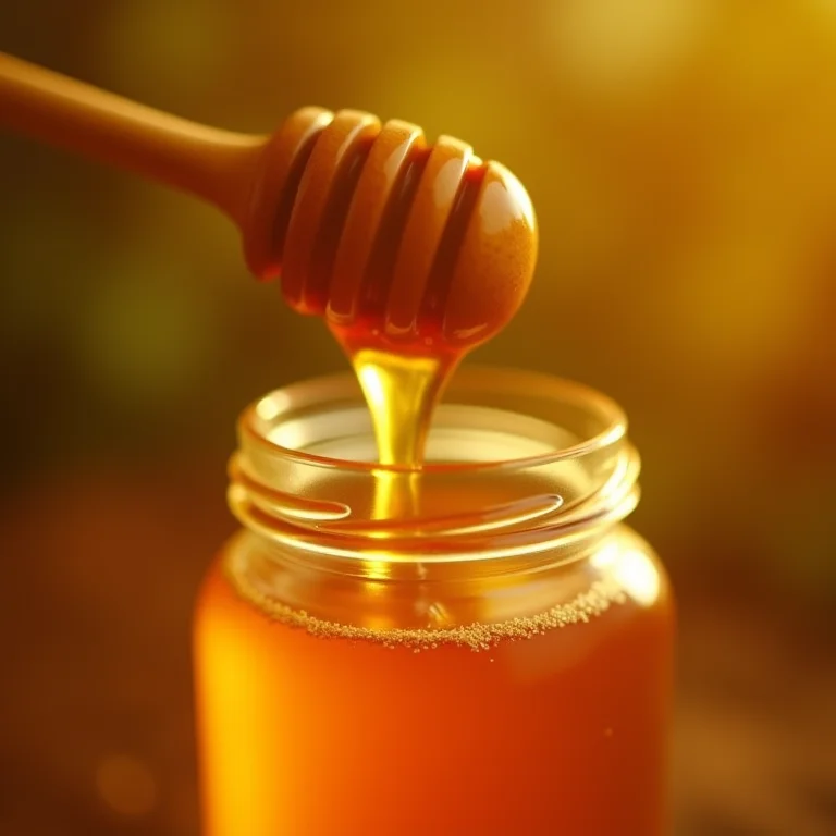 Mel puro sendo vertido em pote de vidro.