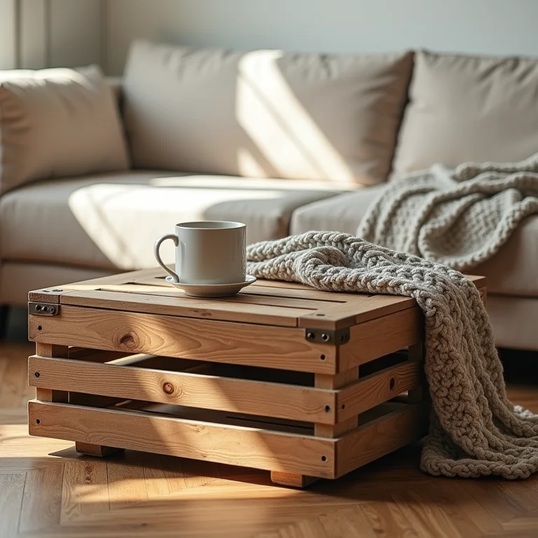 Mesa de centro charmosa feita com caixotes de feira reaproveitados