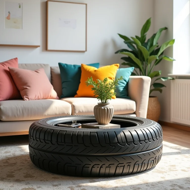 Mesa de centro criativa feita com pneus pintados
