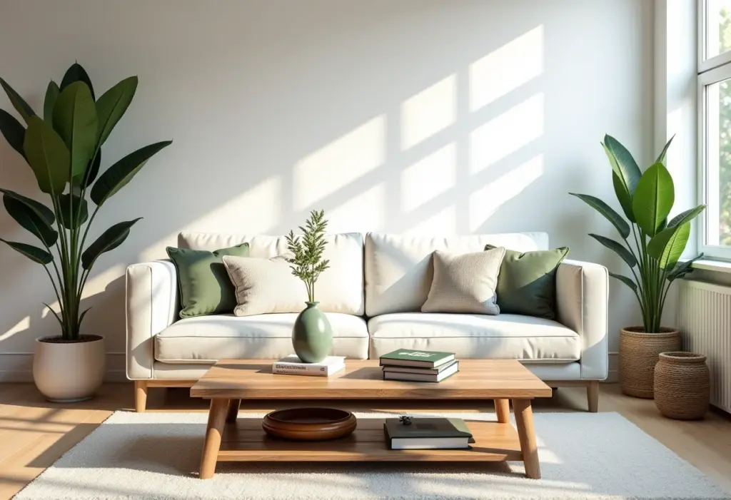 Mesa de centro DIY em sala de estar iluminada e moderna