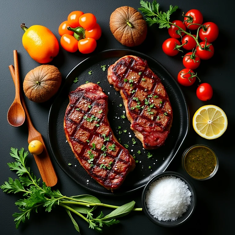 Mesa de churrasco com carnes, acompanhamentos e sal de parrilla