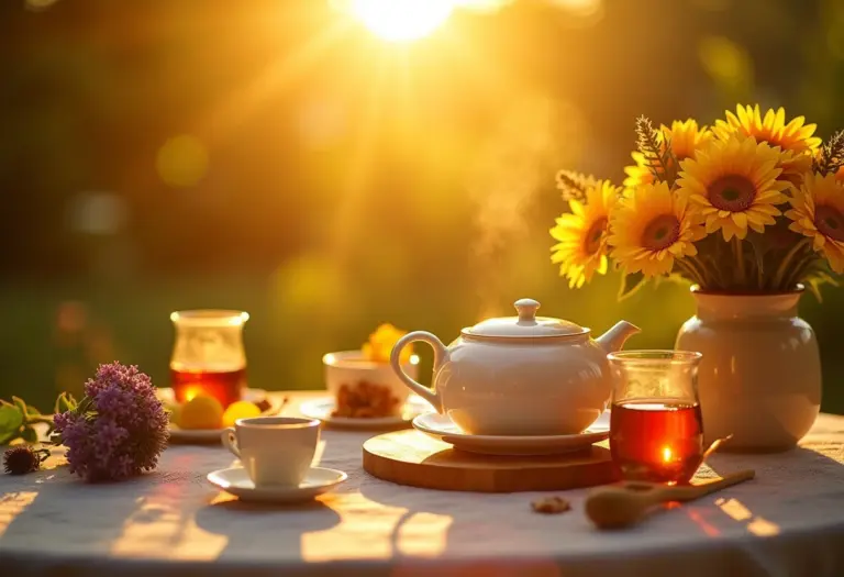 Mesa iluminada com chás de ervas e flores de verão para celebrar o solstício.