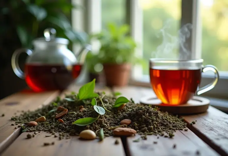 Mesa rústica com ervas secas, bule de vidro e xícara fumegante.