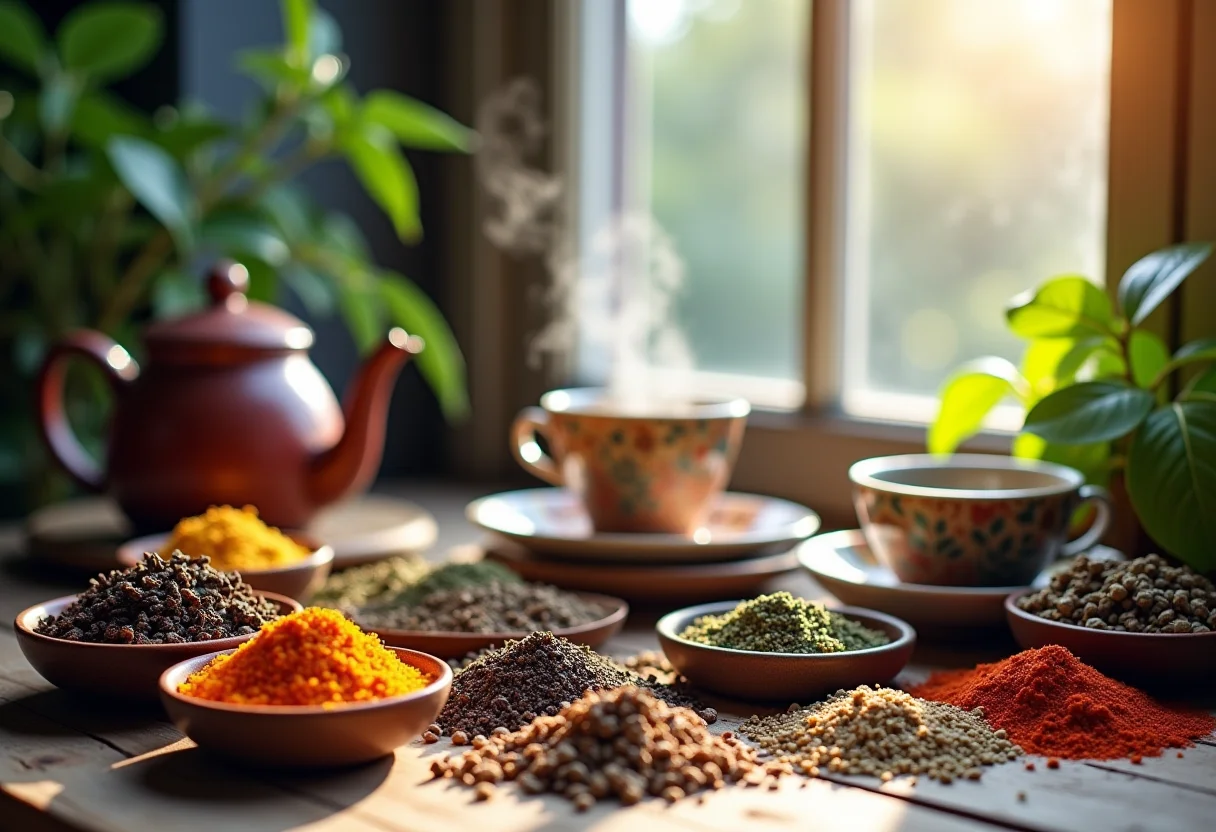 Mesa rústica com ervas secas, bule e xícaras, vapor de chá