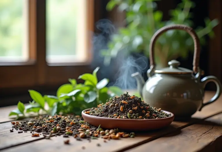 Mesa rústica com ervas secas, folhas de chá e bule de porcelana fumegante sob luz natural