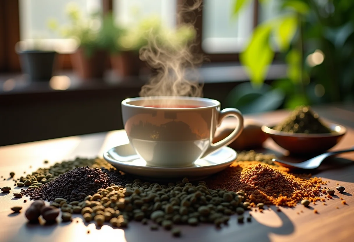 Mesa rústica com ervas secas, folhas de chá e xícara fumegante, luz natural.