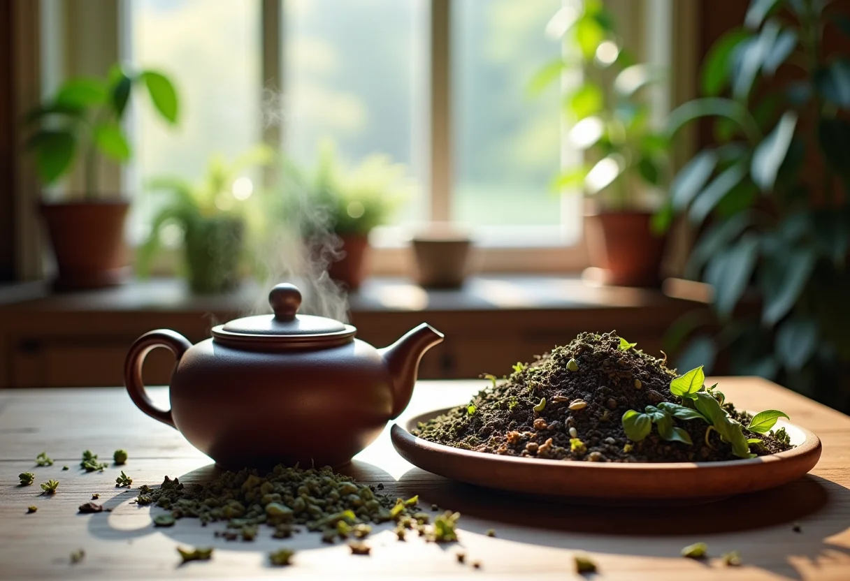 Mesa rústica com ingredientes de chás para relaxamento e bule fumegante