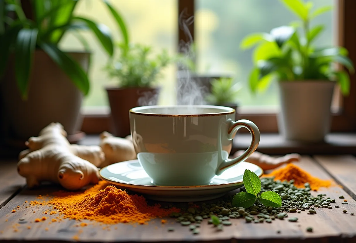 Mesa rústica com ingredientes de chás variados e uma xícara fumegante ao centro