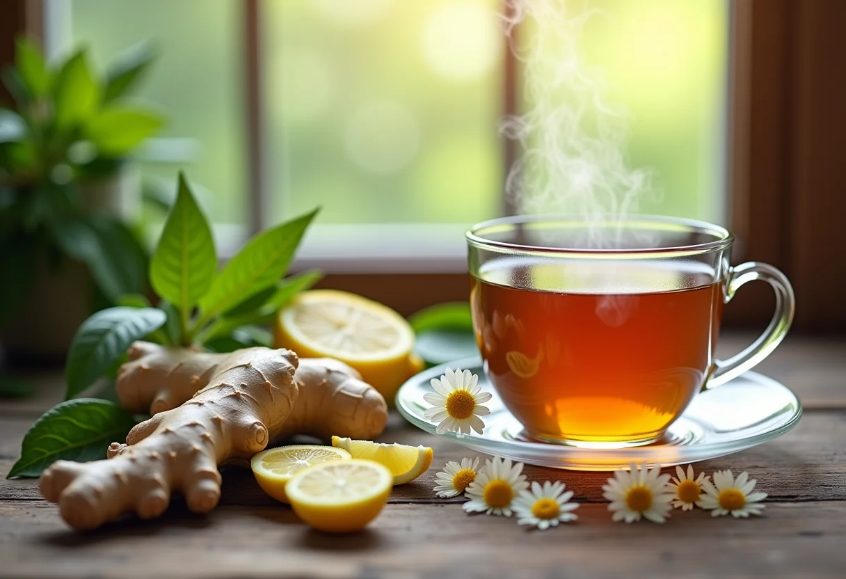 Mesa rústica com ingredientes naturais para chá calmante, incluindo camomila, gengibre e melissa.
