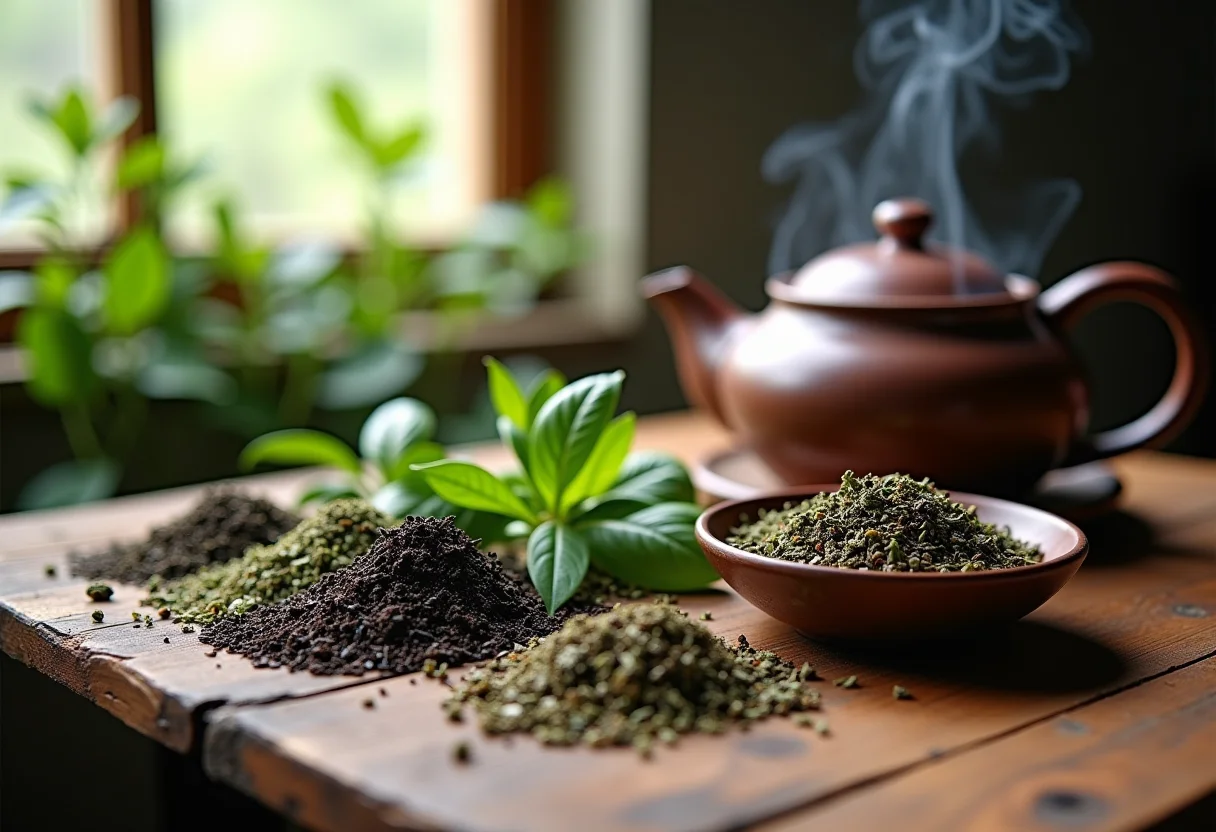 Mesa rústica com ingredientes para chá, bule fumegante e luz natural suave