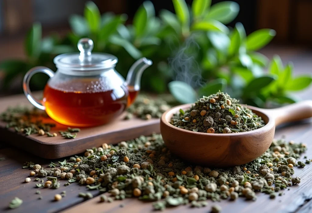 Mesa rústica com ingredientes para chá de 7 ervas e bule de vidro fumegante.