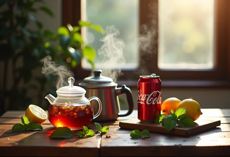 Mesa rústica com ingredientes para chá e Coca-Cola, vapor saindo do bule