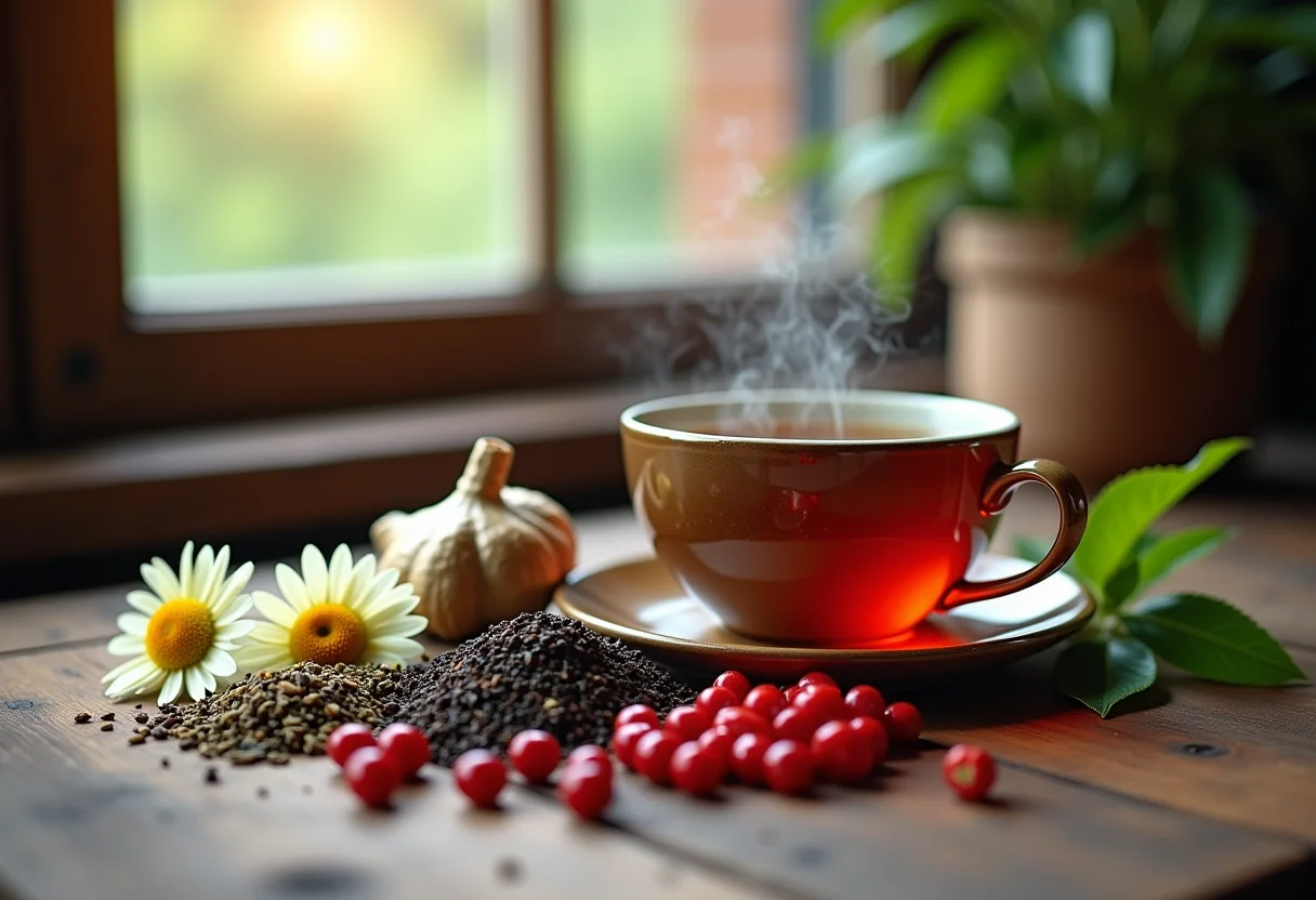 Mesa rústica com ingredientes para chá e xícara fumegante ao fundo.