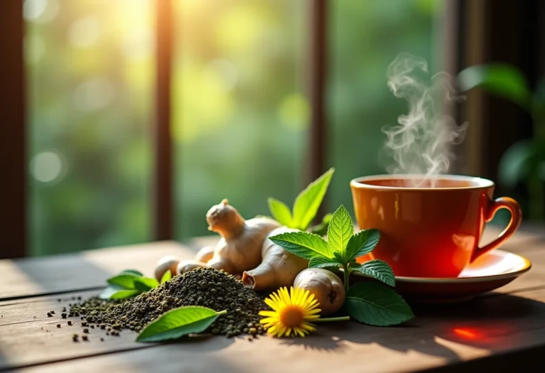 Mesa rústica com ingredientes para chá e xícara fumegante ao fundo.