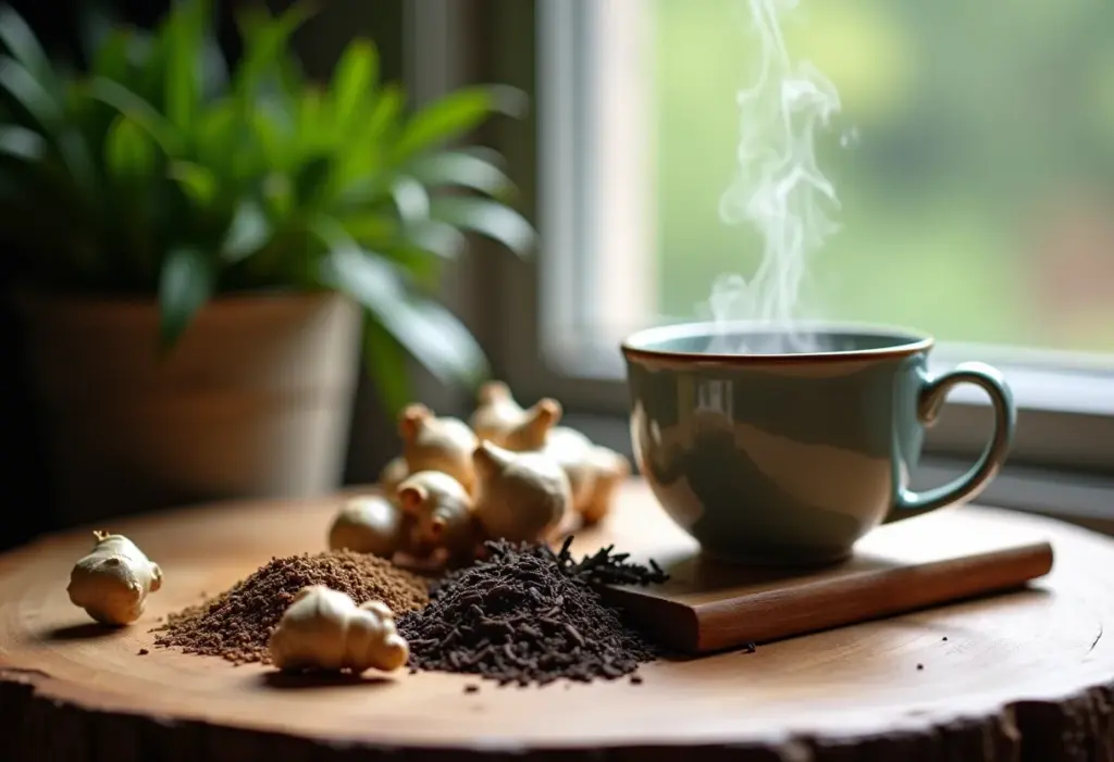 Pressão baixa: 5 chás que podem ajudar (e 3 que você evita) Mesa rústica com ingredientes para chá e xícaras de cerâmica, vapor e luz natural