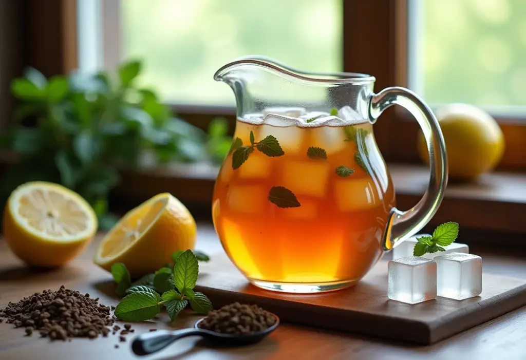 Mesa rústica com ingredientes para chá gelado concentrado: folhas de chá, limão, hortelã e gelo.