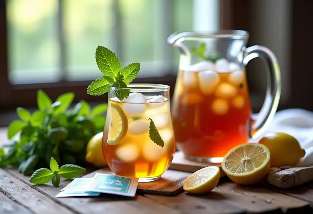 Mesa rústica com ingredientes para chá gelado: hortelã fresca, limão, sachês de chá e jarra de chá gelado.