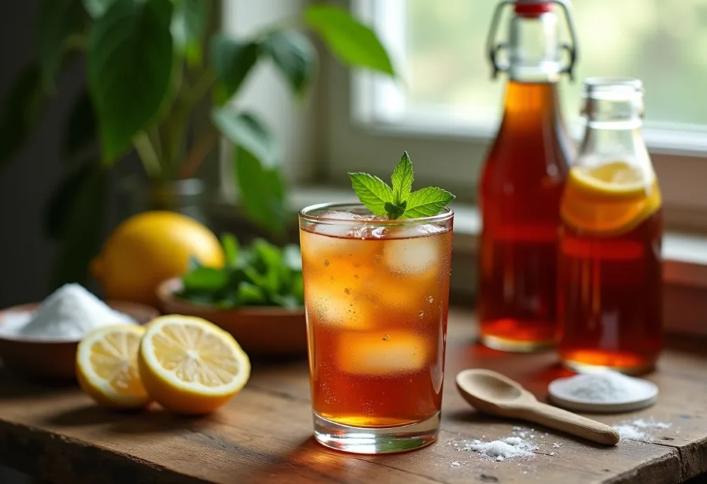 Mesa rústica com ingredientes para chá gelado turbinado, incluindo chá, hortelã, limão e refrigerante.
