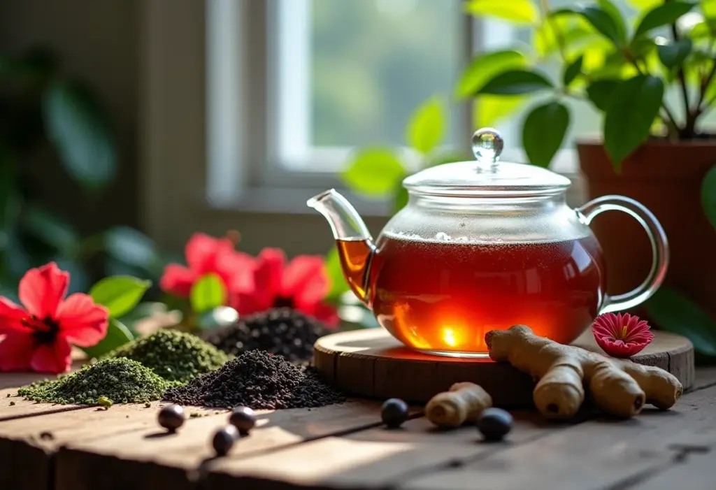 Mesa rústica com ingredientes para chás que ajudam a baixar o colesterol